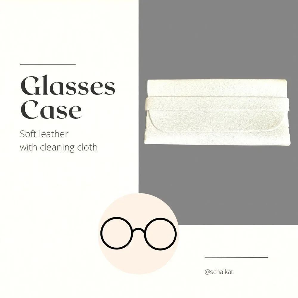 Glasses Case fits many sizes. White Leather. Soft Interior. With Cleaning Cloth